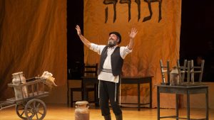 Steven Skybell on stage as Tevye in the National Yiddish Theatre Folksbiene production. Photo by Lev Radin.